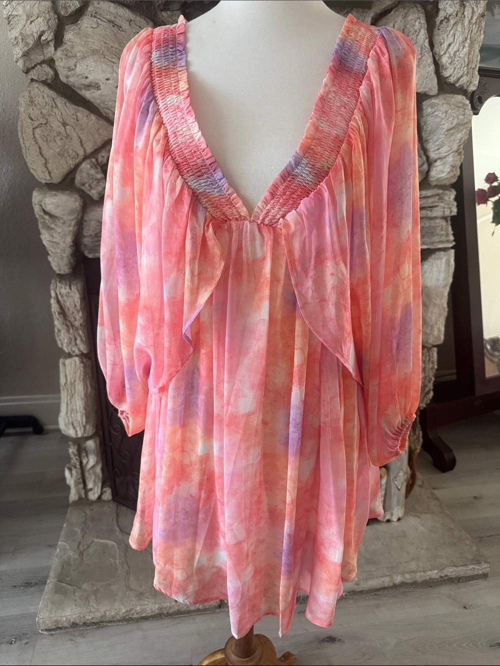 Women's Pink Multi-Color V-Neck Flowing Dress